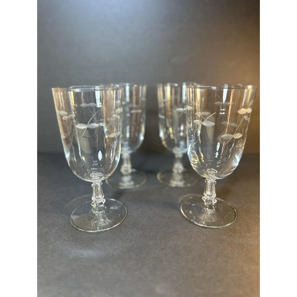4 - VTG Libbey StemWare Goblets Etched Cut Hand Blown 1950's Footed Beverage